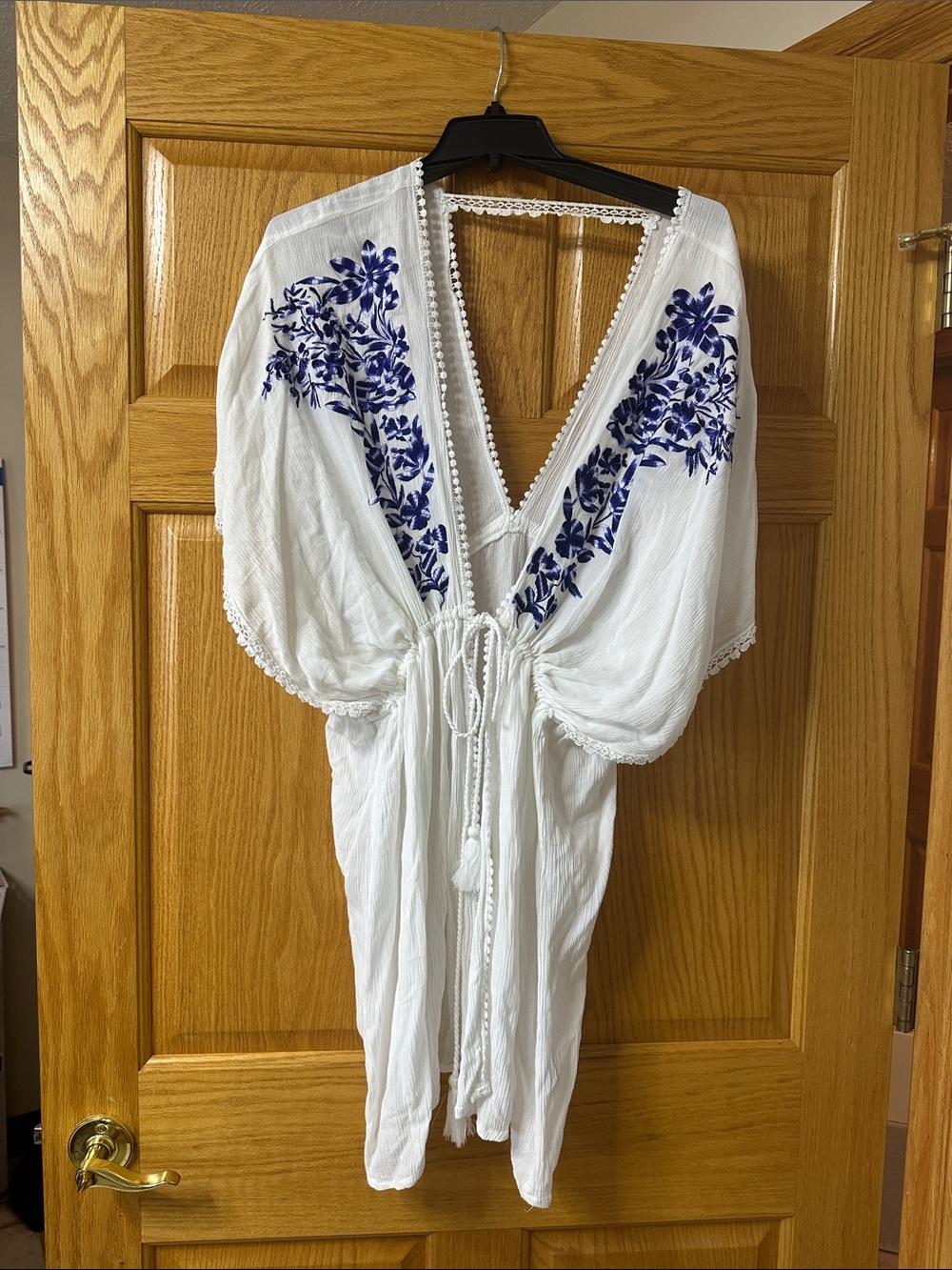 Raviya White Swim Coverup with Blue Floral Embroidery